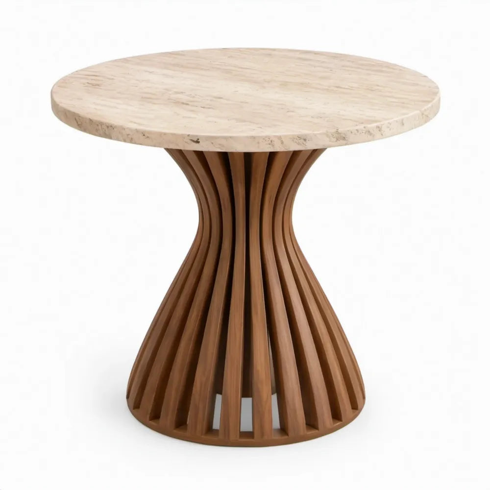 Ronde bijzettafel Ø 50 x 55 cm met beige marmeren blad en walnoothouten onderstel