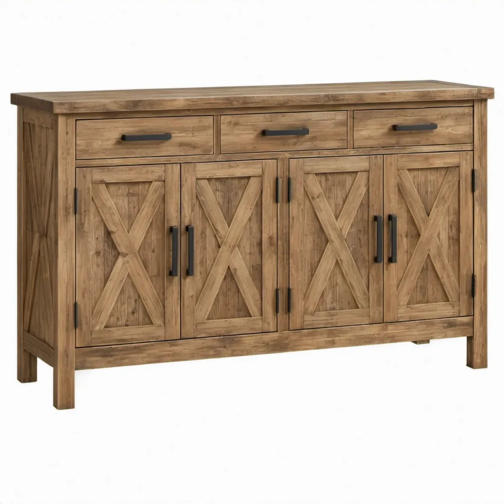 Bruin massief grenenhouten dressoir met 4 deuren en 3 lades, 160 x 45 x 90 cm