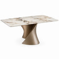 Eettafel 180 x 90 x 76 cm – Wit marmerlook blad met bronzen stalen onderstel