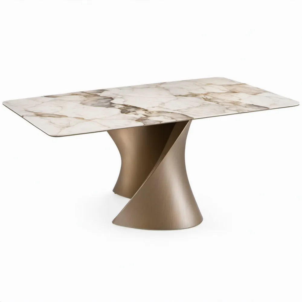 Eettafel 180 x 90 x 76 cm – Wit marmerlook blad met bronzen stalen onderstel