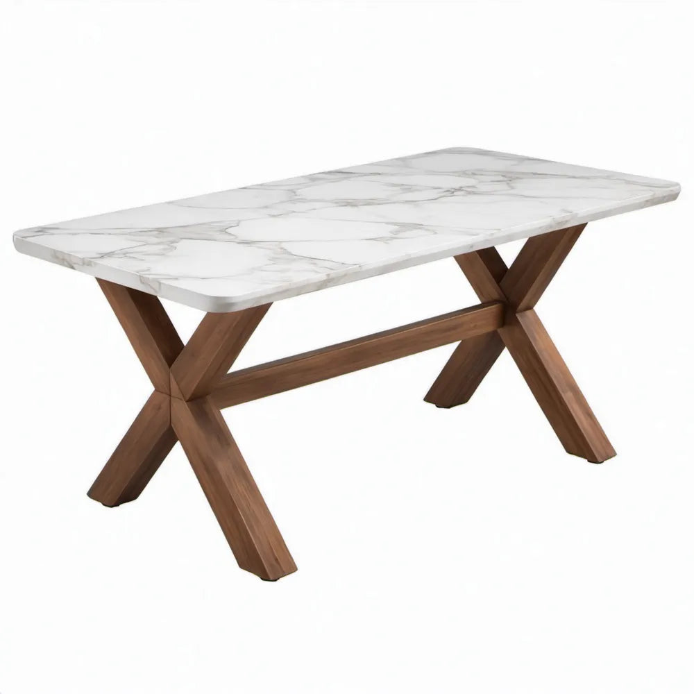 Rechthoekige eettafel 180 x 90 x 75 cm met wit keramisch marmerlook blad en walnootbruin X-onderstel
