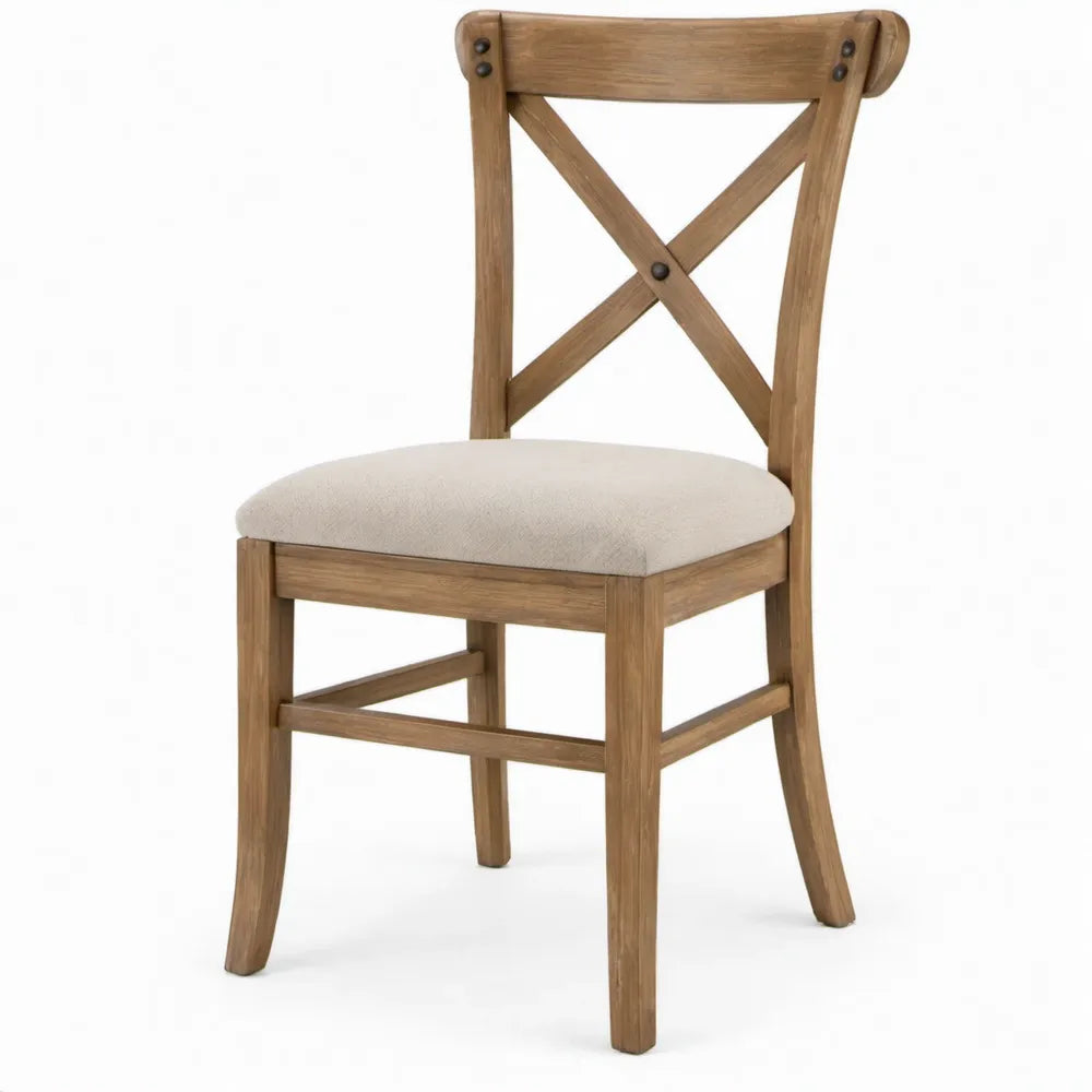 Eetkamerstoel met kruisrugleuning van massief rubberhout, beige zitting, 46 x 55 x 100 cm