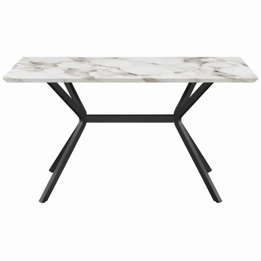 Rechthoekige eettafel 160 x 80 x 75 cm wit/grijs marmerlook met zwart stalen onderstel