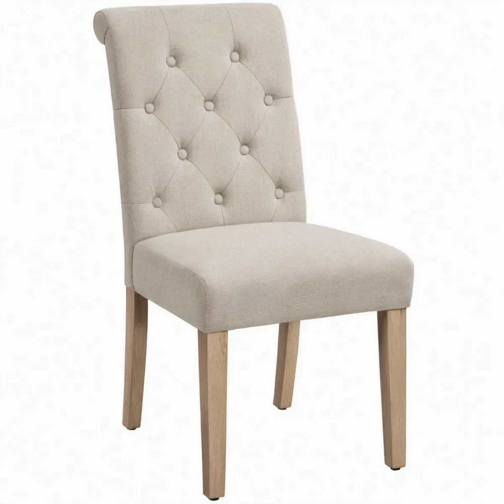 Beige eetkamerstoel met capitonné rugleuning, polyester en massief rubberhout, 48 x 61 x 101 cm