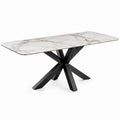 Rechthoekige eettafel 180 x 90 x 75 cm – Wit marmerlook keramiek met zwart stalen kruisonderstel