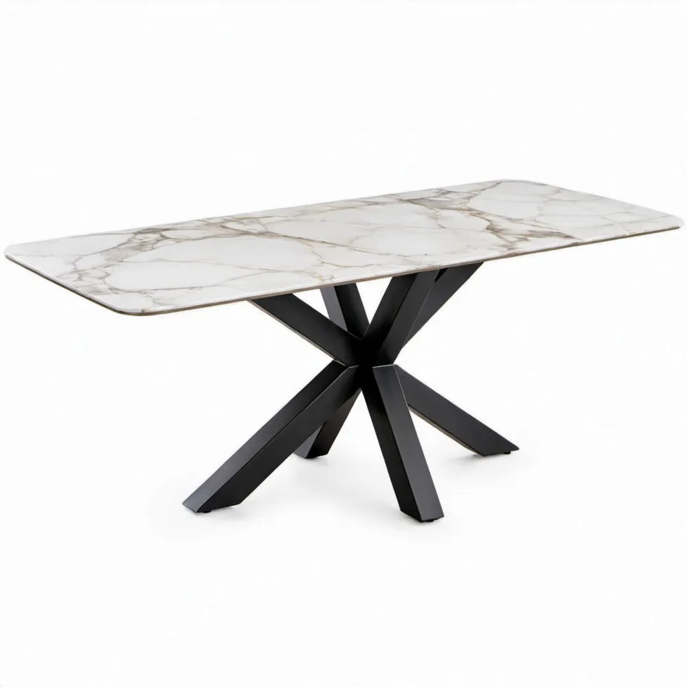 Rechthoekige eettafel 180 x 90 x 75 cm – Wit marmerlook keramiek met zwart stalen kruisonderstel