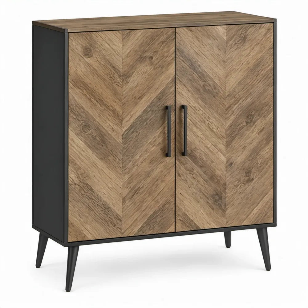 Industriële opbergkast met 2 deuren, visgraatpatroon, 80 x 40 x 100 cm, bruin eikenlook en zwart