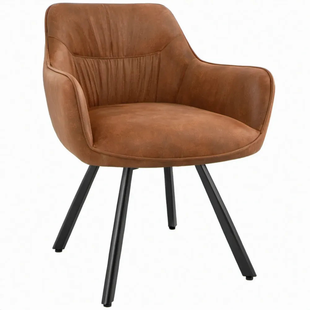 Eetkamerstoel met armleuningen van bruin microvezelpolyester met zwarte stalen poten, 60 x 62 x 82 cm