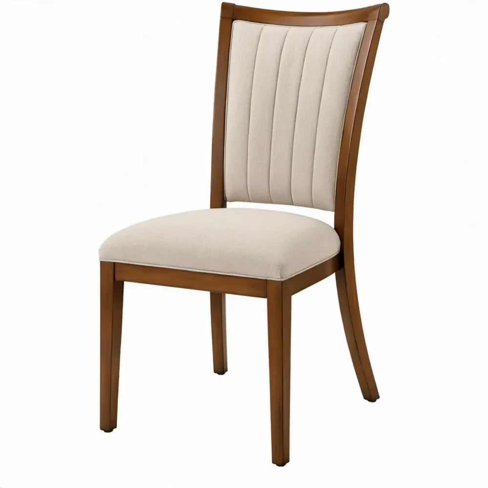 Eetkamerstoel met hoge rugleuning, beige polyester en bruin massief rubberhout, 46 x 57 x 102 cm