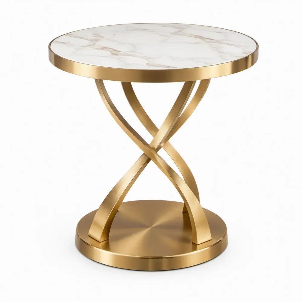 Ronde bijzettafel 50 x 50 x 60 cm met marmerlook blad - Wit/Goud