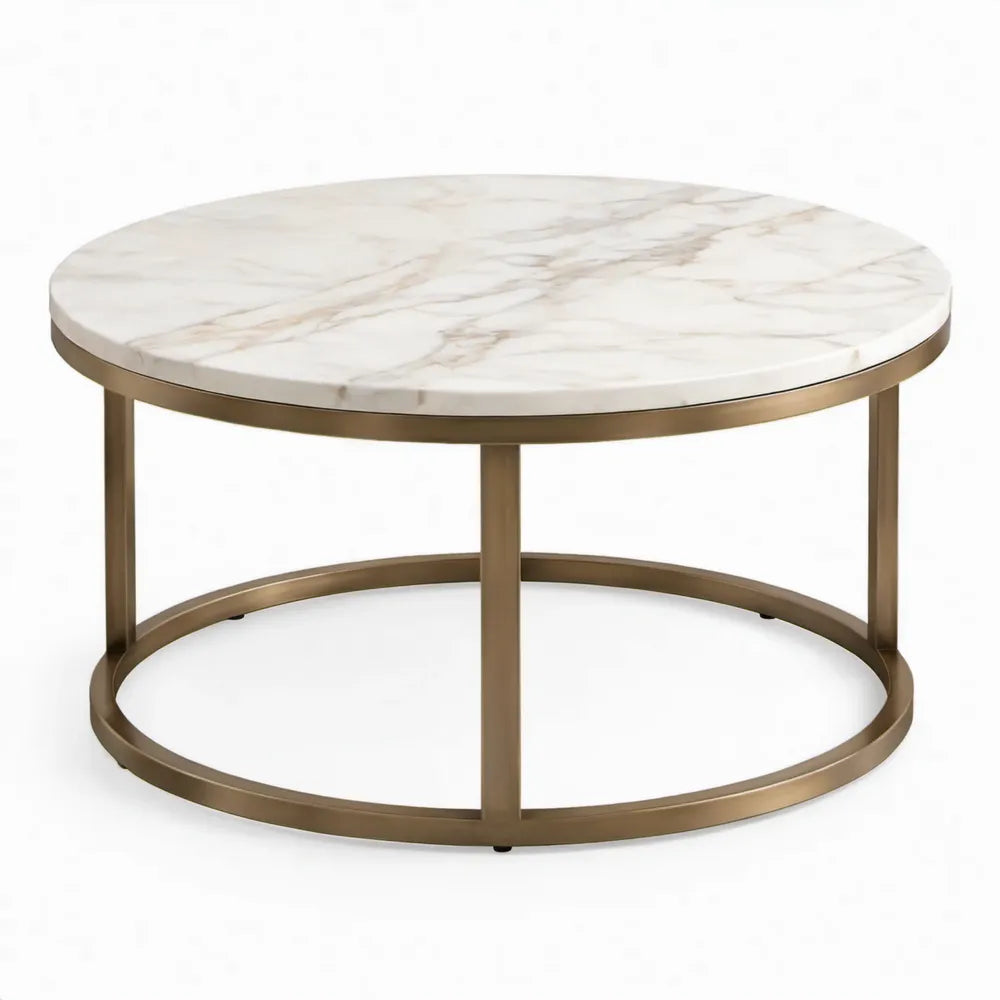 Ronde salontafel Ø 80 x H 45 cm wit marmerlook met goudkleurig stalen onderstel
