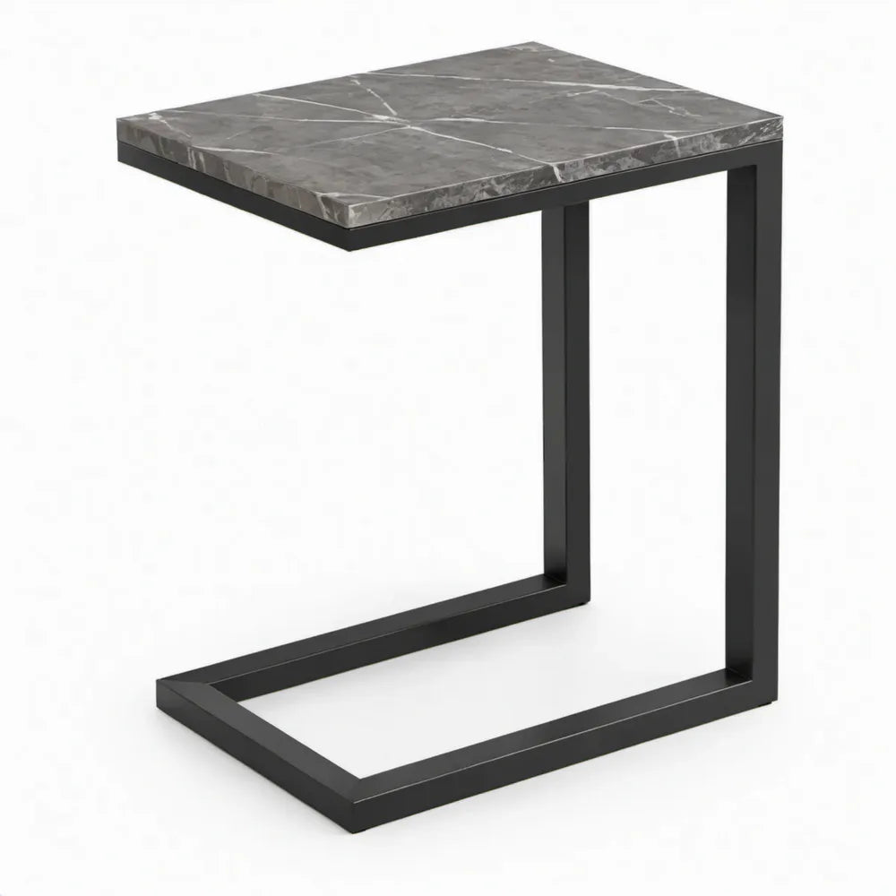 C-vormige bijzettafel 45 x 35 x 60 cm met grijs marmerlook blad en zwart stalen frame
