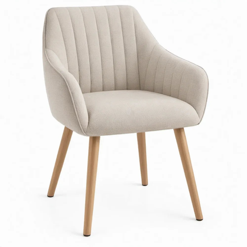 Beige bouclé met armleuningen en poten van rubberhout, 58 x 63 x 81 cm