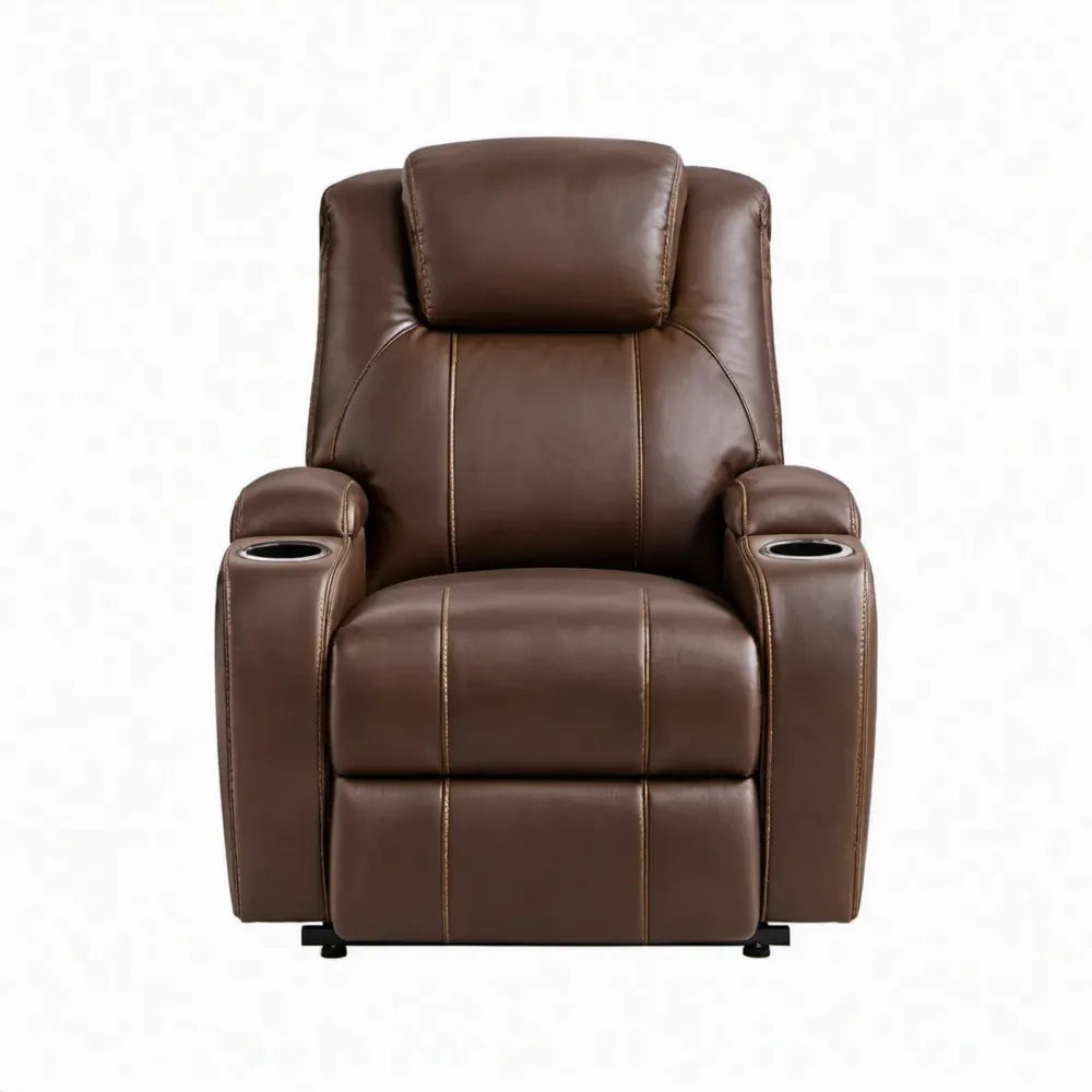 Bruine relaxfauteuil van PU-kunstleer met bekerhouders, 90 x 93 x 104 cm