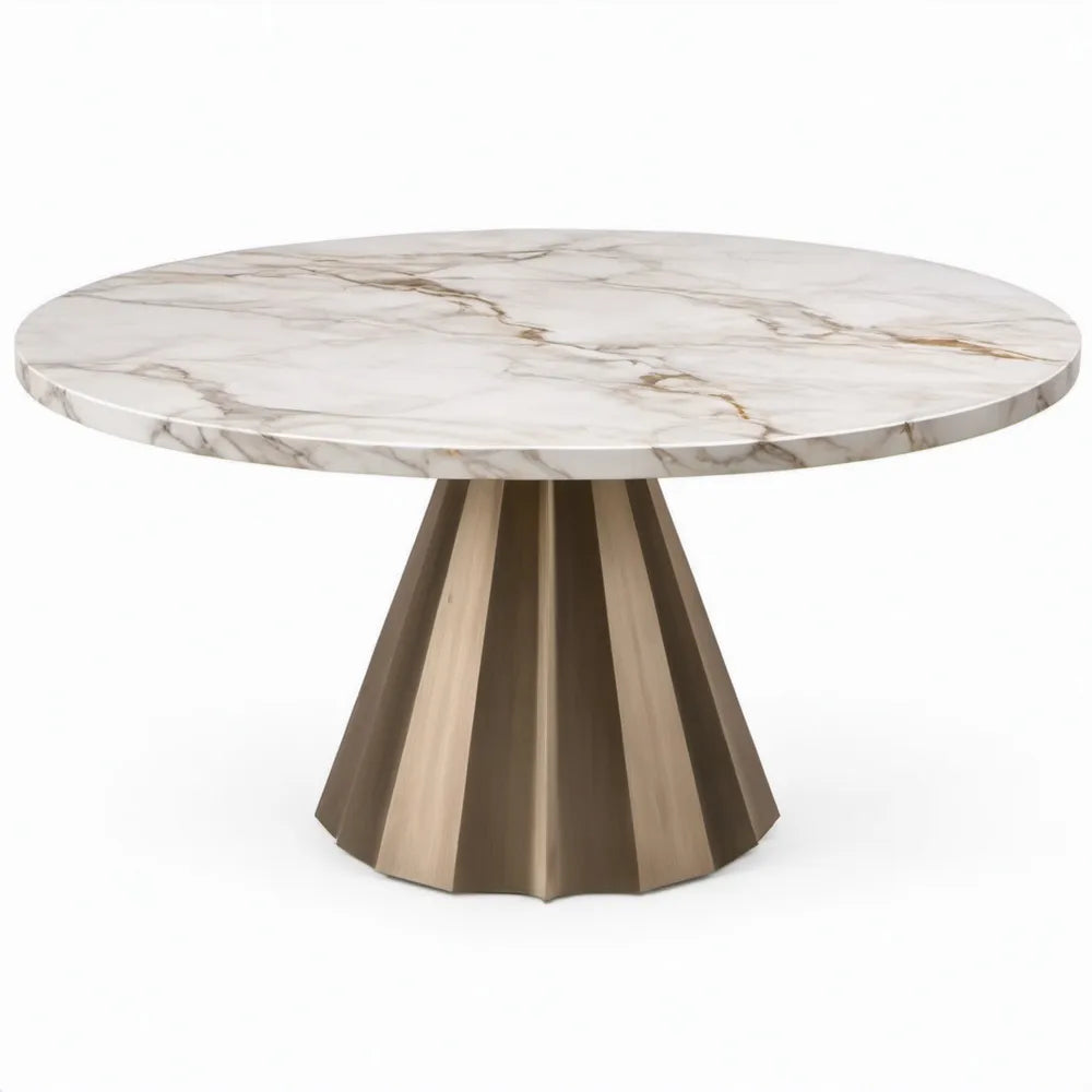 Ronde eettafel Ø 120 x 75 cm in wit marmerlook met bruine MDF-sokkel