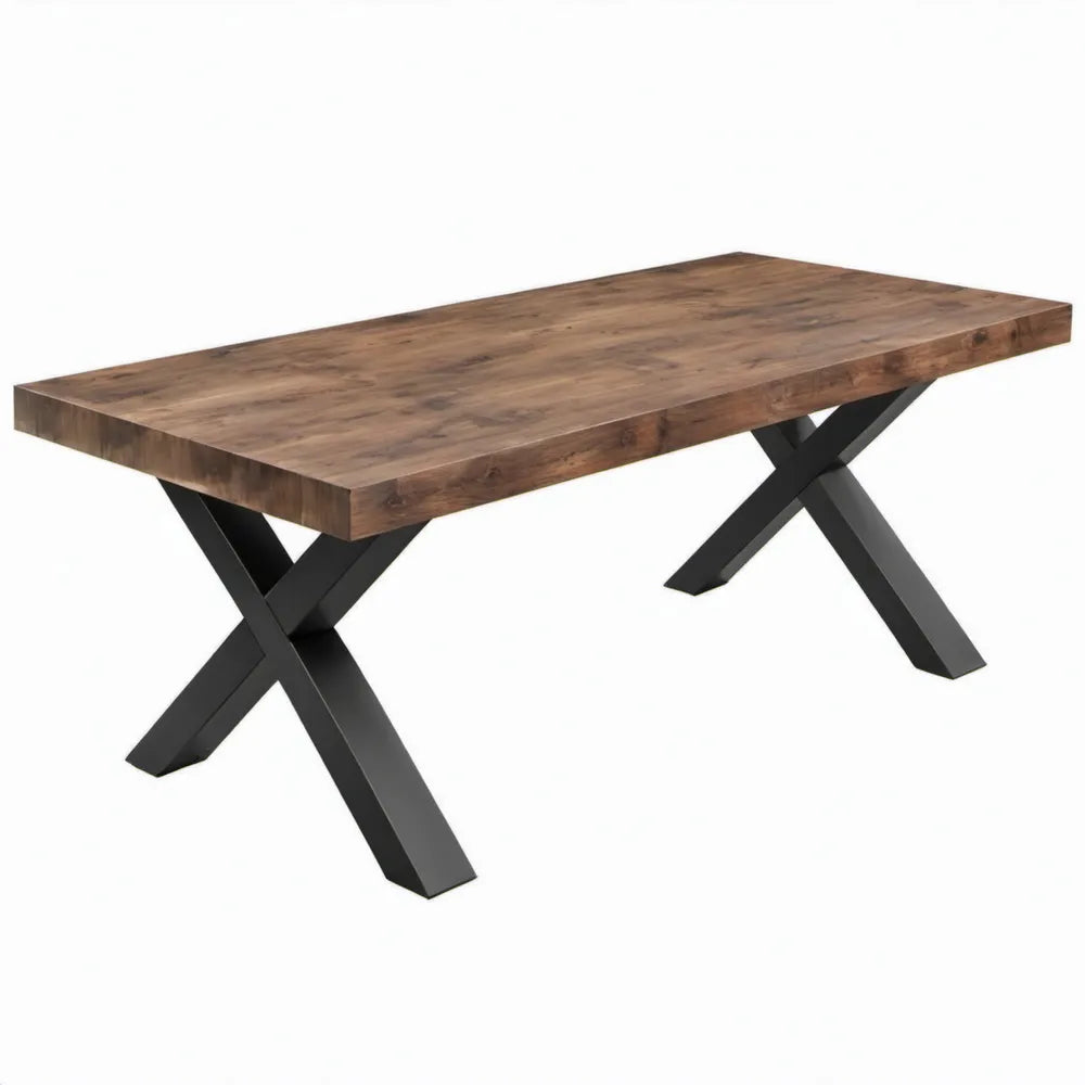 Rechthoekige eettafel 200 x 100 x 76 cm van massief acaciahout met zwart stalen X-onderstel