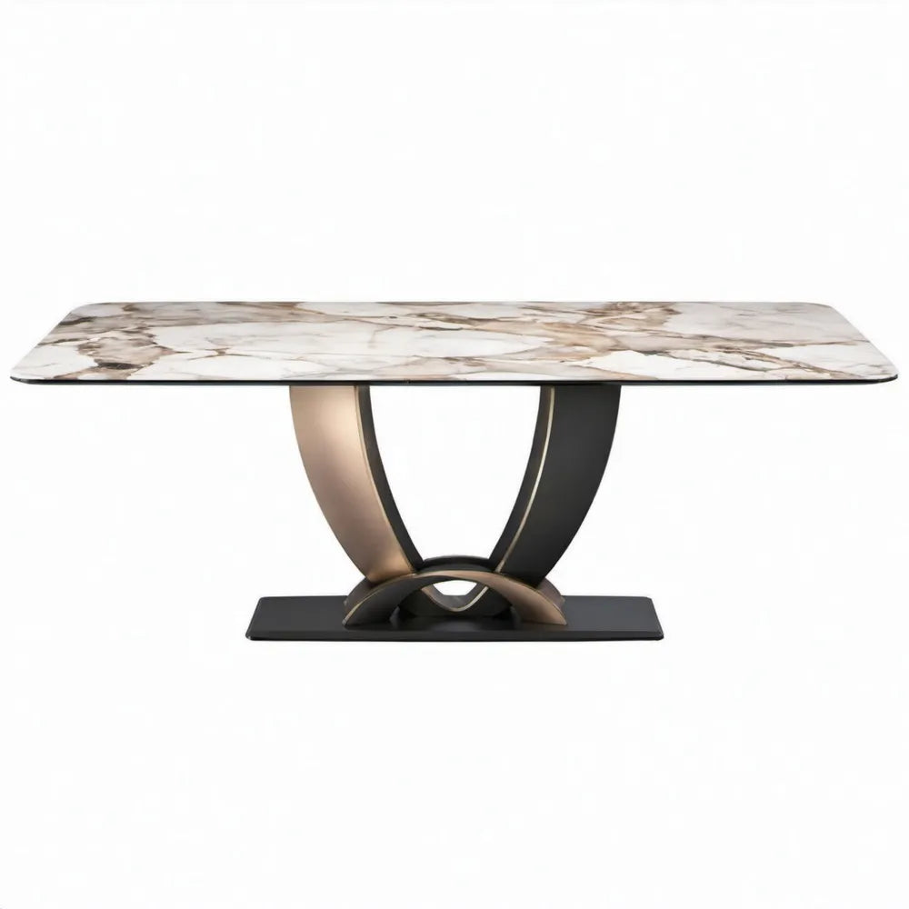 Rechthoekige eettafel van keramiek en staal, 180 x 90 x 75 cm, wit/bruin/zwart/brons