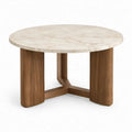 Ronde bijzettafel Ø 80 x 45 cm met wit marmeren blad en walnootkleurig houten onderstel