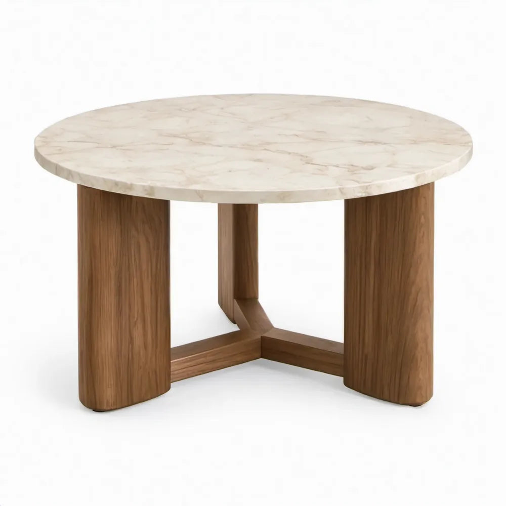 Ronde bijzettafel Ø 80 x 45 cm met wit marmeren blad en walnootkleurig houten onderstel